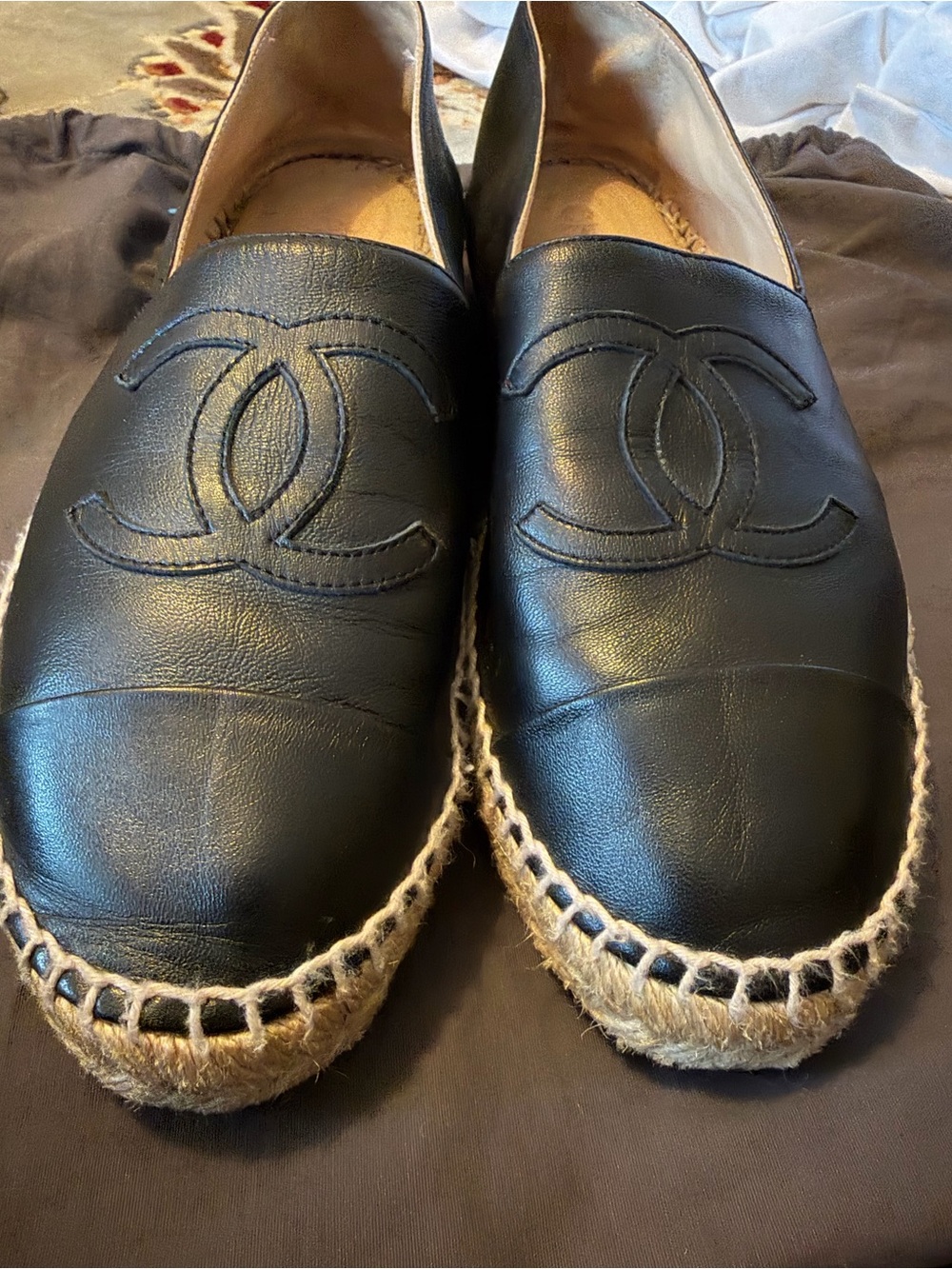 CHANEL Black Leather Espadrille Loafers with Jute Sole